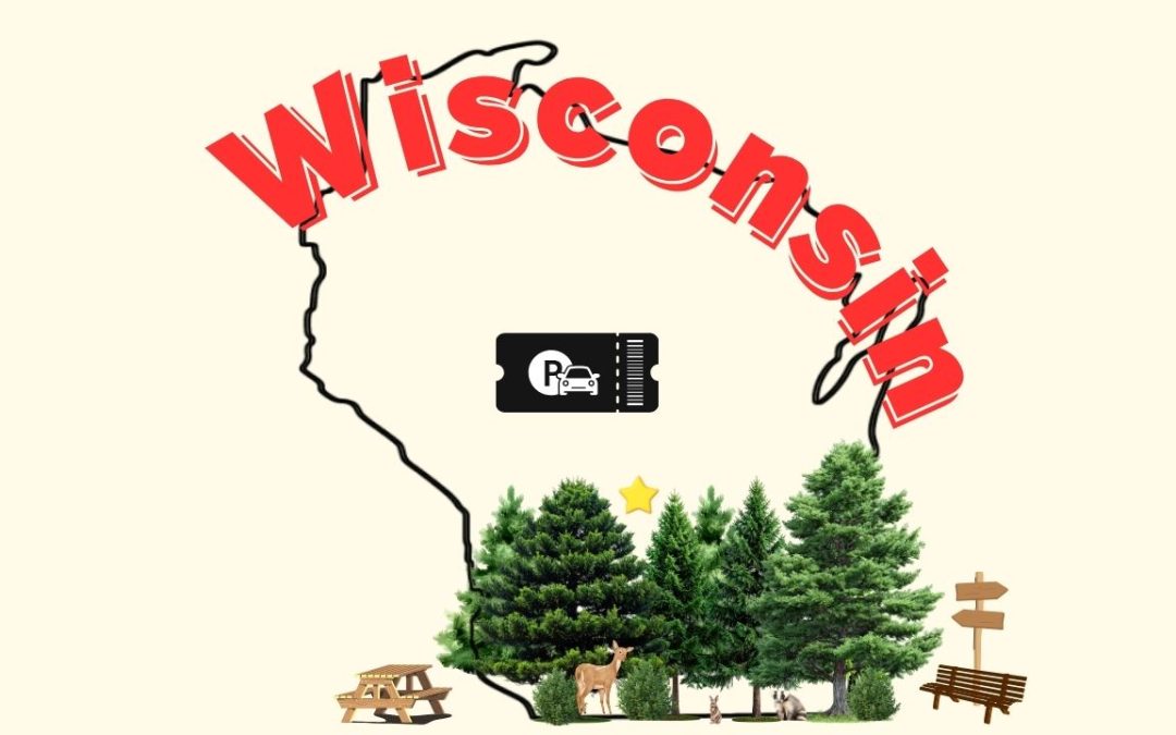 Graphic of Wisconsin outlined in black with red “WISCONSIN” lettering, a parking icon, and outdoor elements including evergreen trees, wildlife, a picnic table, signs, and a bench.