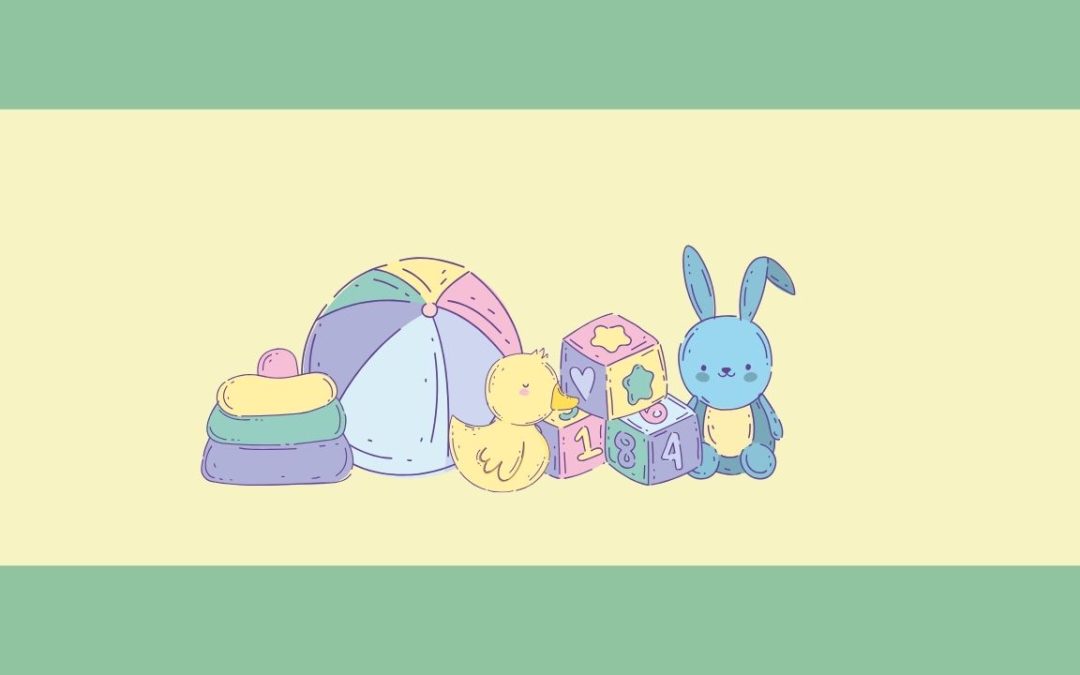 Children's toys including a pastel ball, duck, blocks, and stuffed bunny.