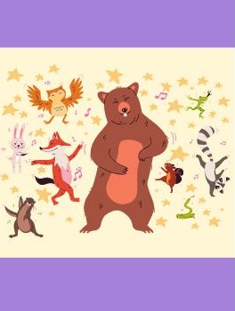 Animated animals dancing with a bear in the center against a starry background.