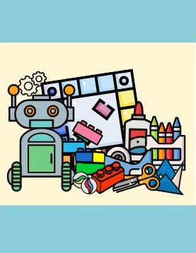 Cartoon robot with art and craft supplies, including crayons, glue, blocks, and scissors.