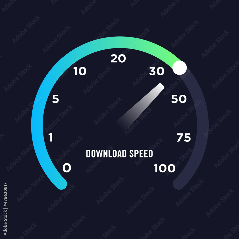 Speedometer gauge indicating download speed with a needle pointing to 30.