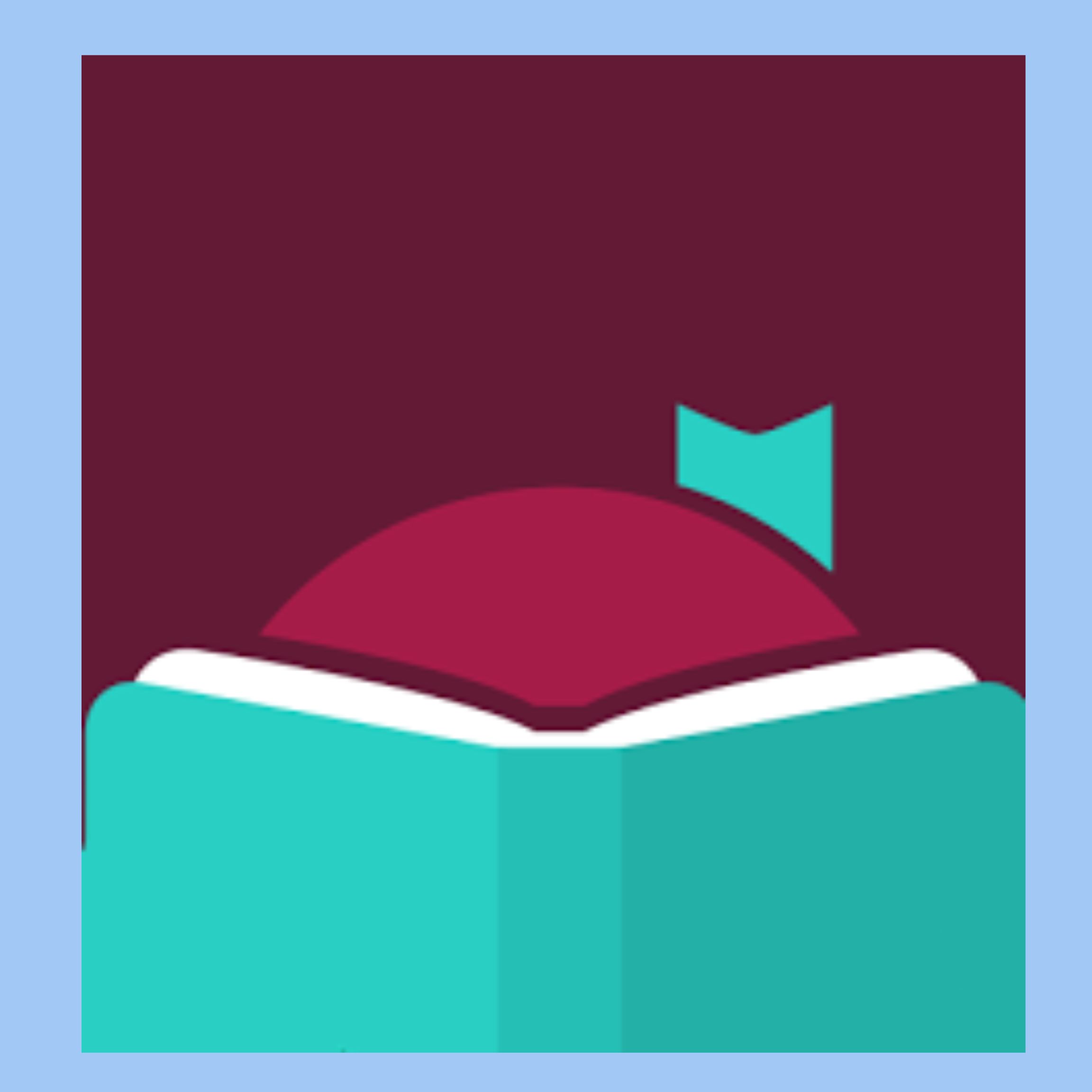 Stylized graphic of an open turquoise book with a burgundy cover above it and a turquoise bookmark.
