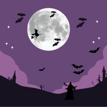 Full moon with bats and a witch on a broomstick in a purple night sky. Dark silhouette of a landscape with rooftops and trees.