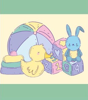Children's toys including a pastel ball, duck, blocks, and stuffed bunny.