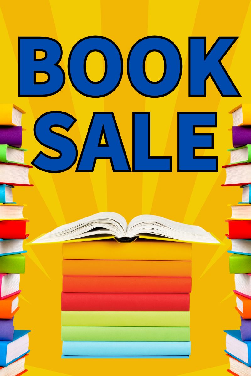 Website (1) Image of a book sale with colorful stacks of books and large blue text reading "BOOK SALE" on a yellow background.