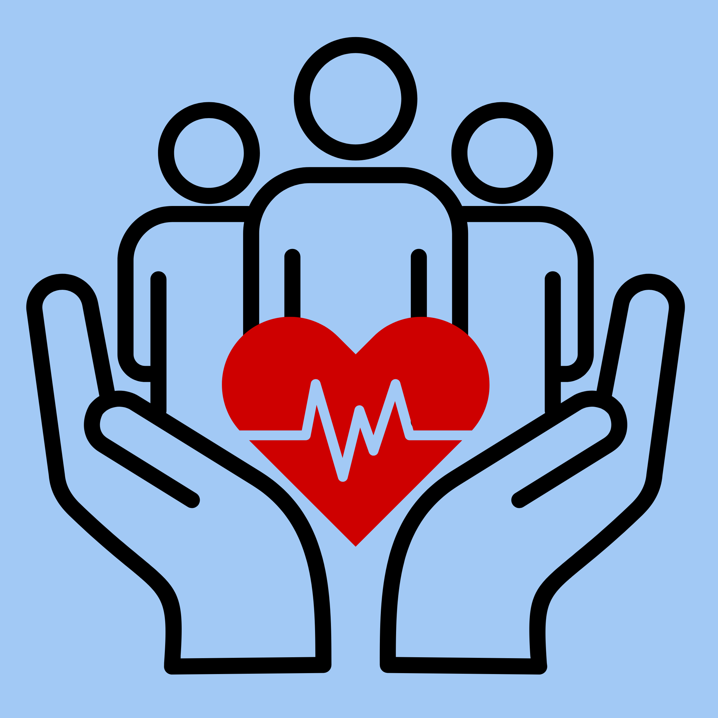 Graphic of two hands holding a red heart with an EKG line, with three simplified human figures in the background.