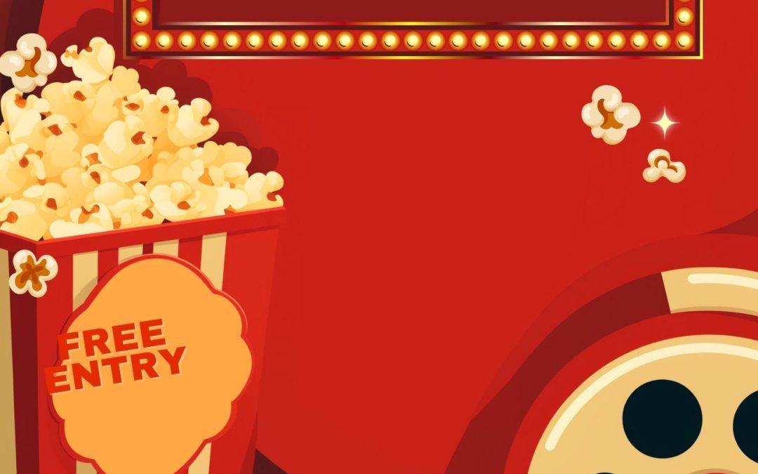 Red background with glowing marquee, popcorn carton, and film reel.
