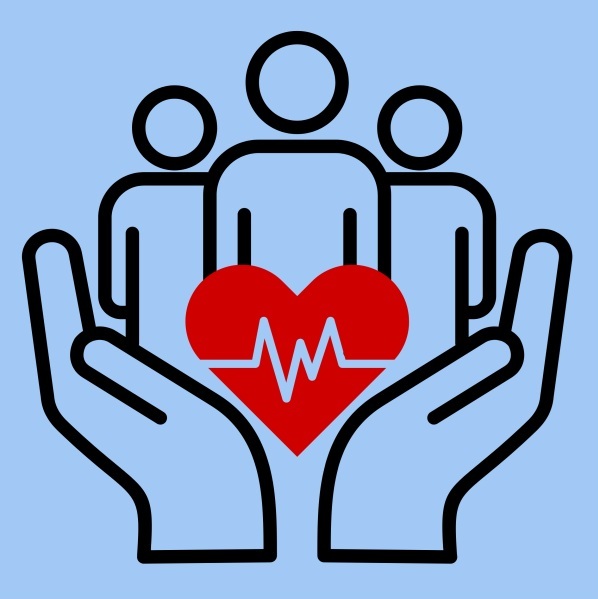 Graphic of two hands holding a red heart with an EKG line, with three simplified human figures in the background.