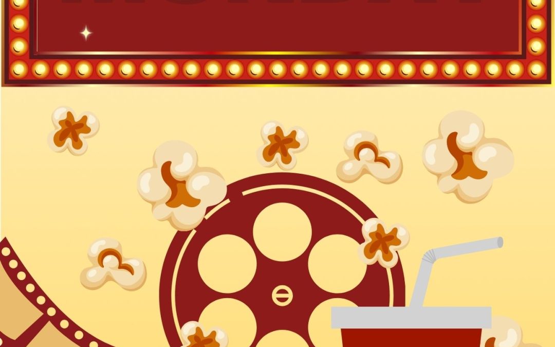 Red background with glowing marquee, popcorn carton, and film reel.