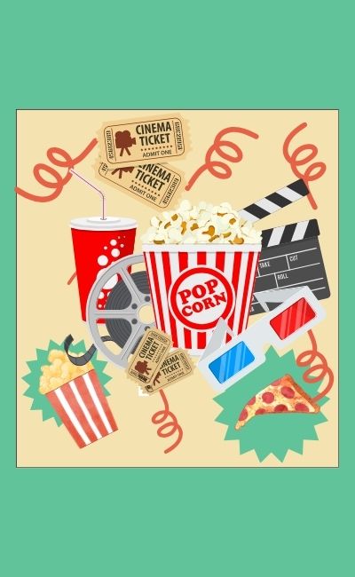 Cinema-themed collage with popcorn, soda, tickets, movie reel, clapperboard, and pizza.