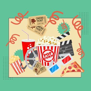 Cinema-themed collage featuring popcorn, film reel, clapperboard, 3D glasses, soda, pizza, and tickets.