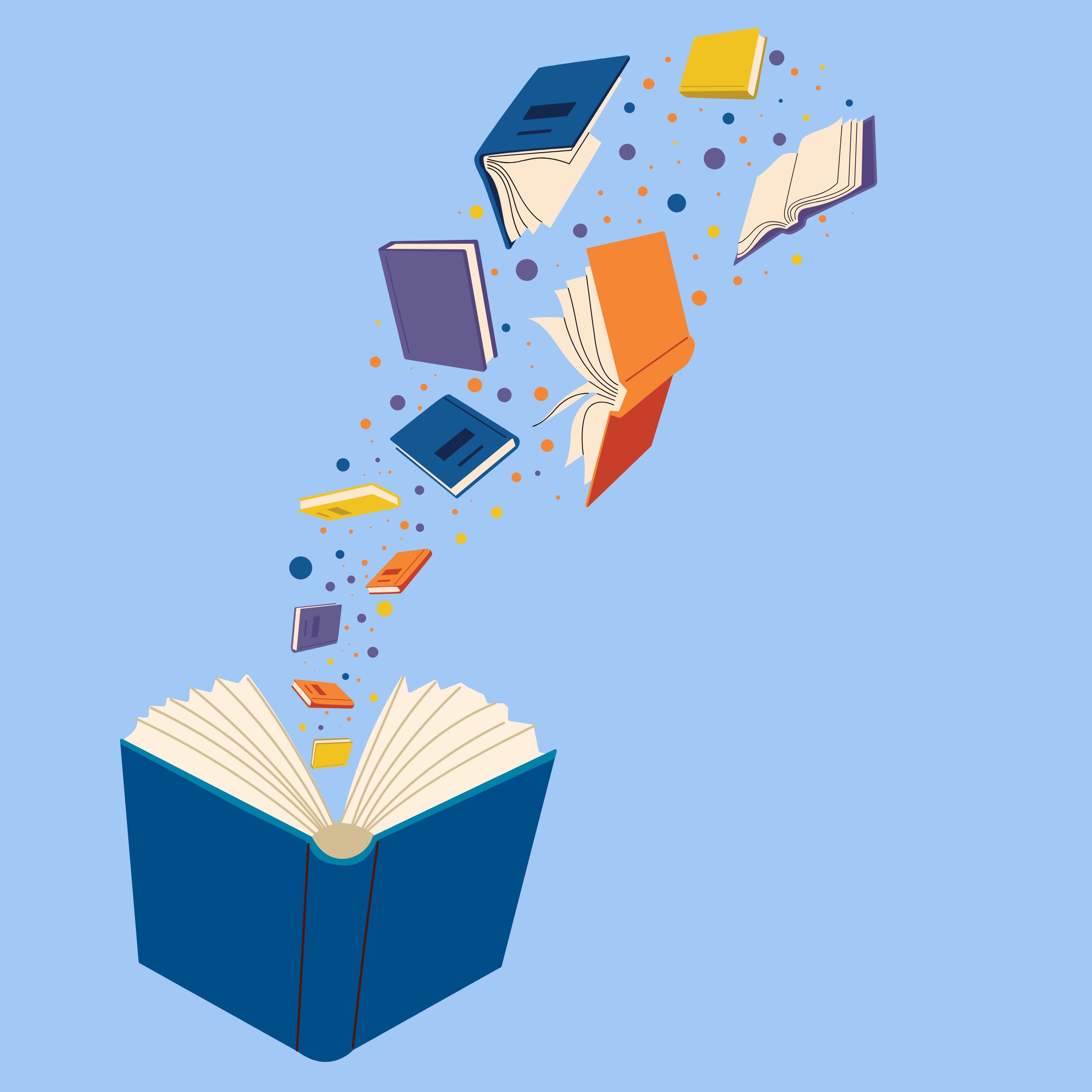 An open blue book with various colored books floating upward against a light blue background.