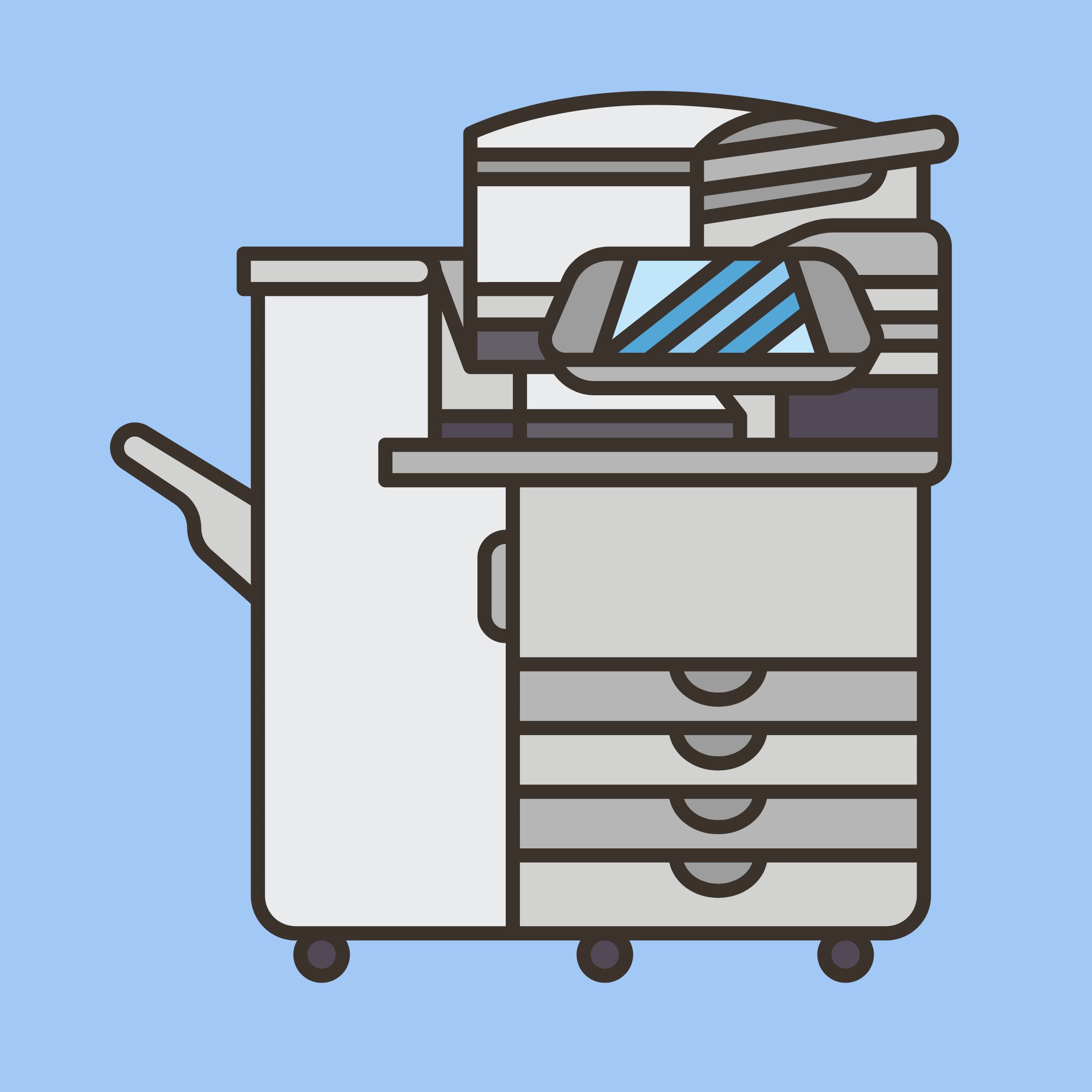 Illustration of a multifunction printer with a touch screen and multiple drawers on a light blue background.