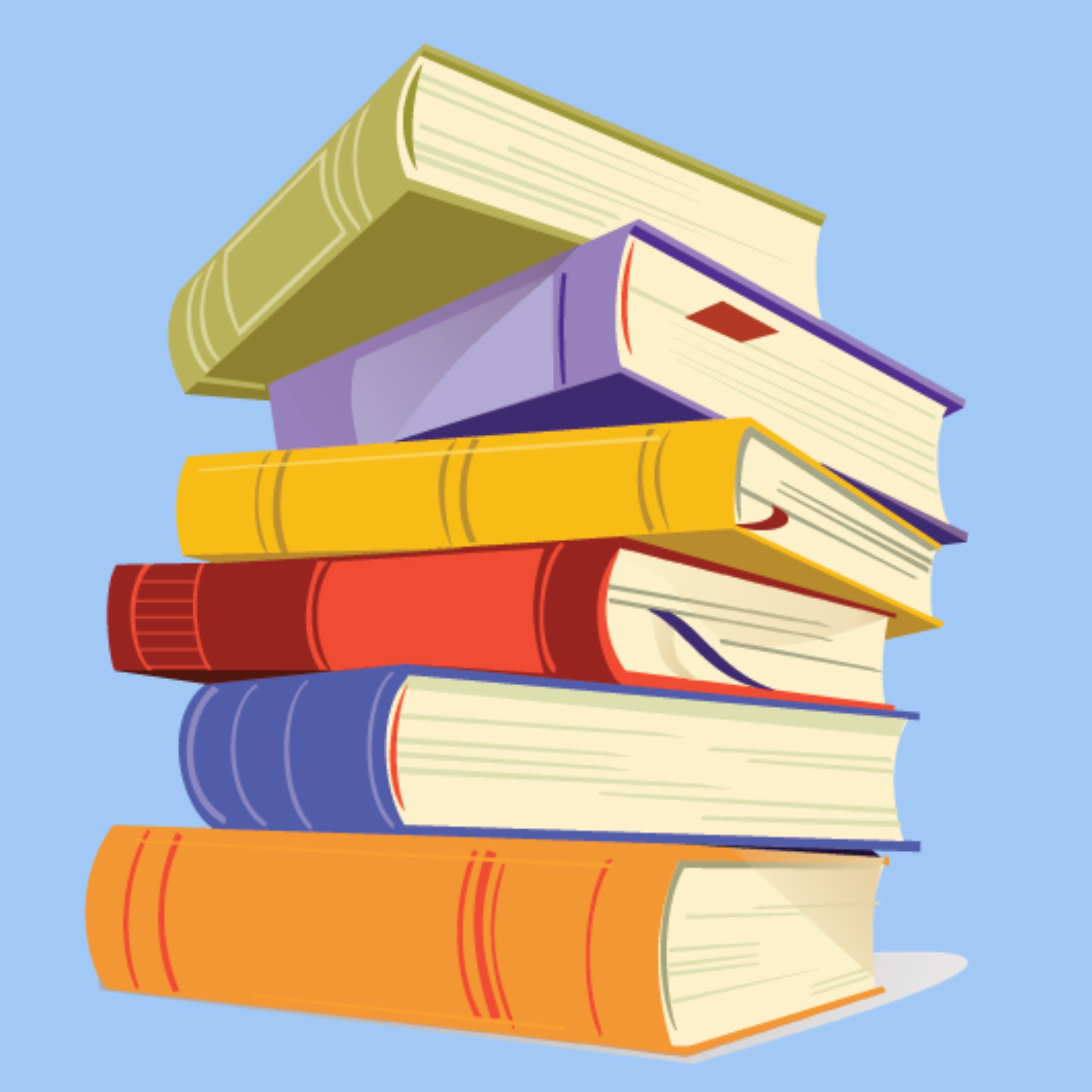 A colorful illustration of a stack of seven books against a light blue background.