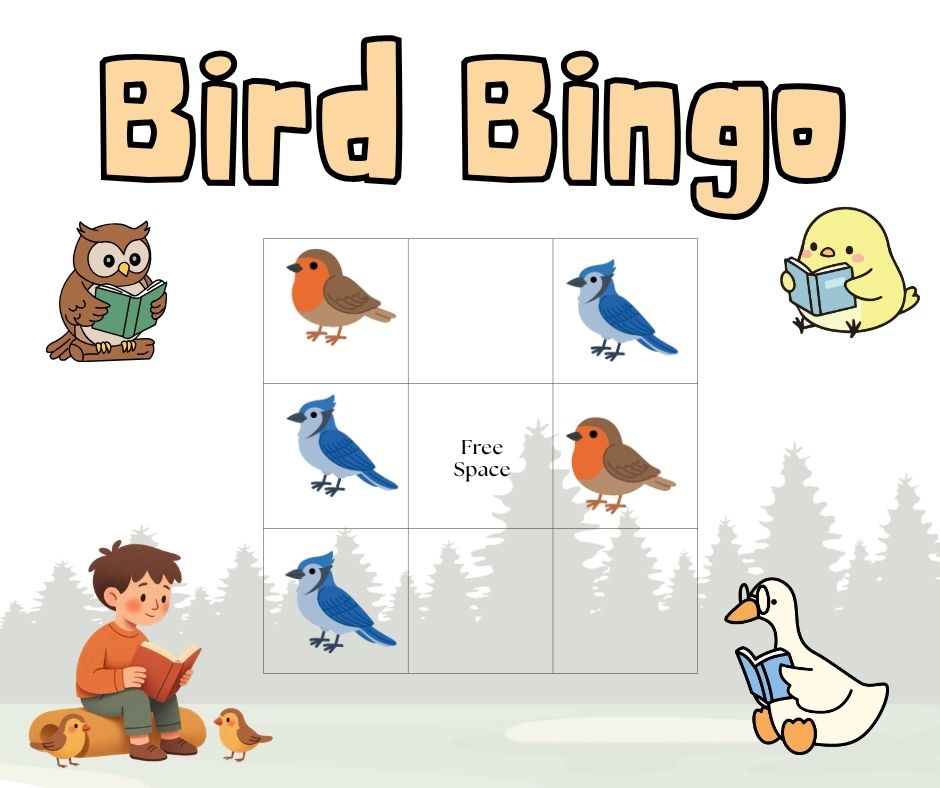 A whimsical "Bird Bingo" card with bird illustrations and cartoon characters reading books.