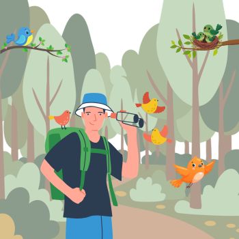 Cartoon man with binoculars walking in a forest, surrounded by colorful birds.