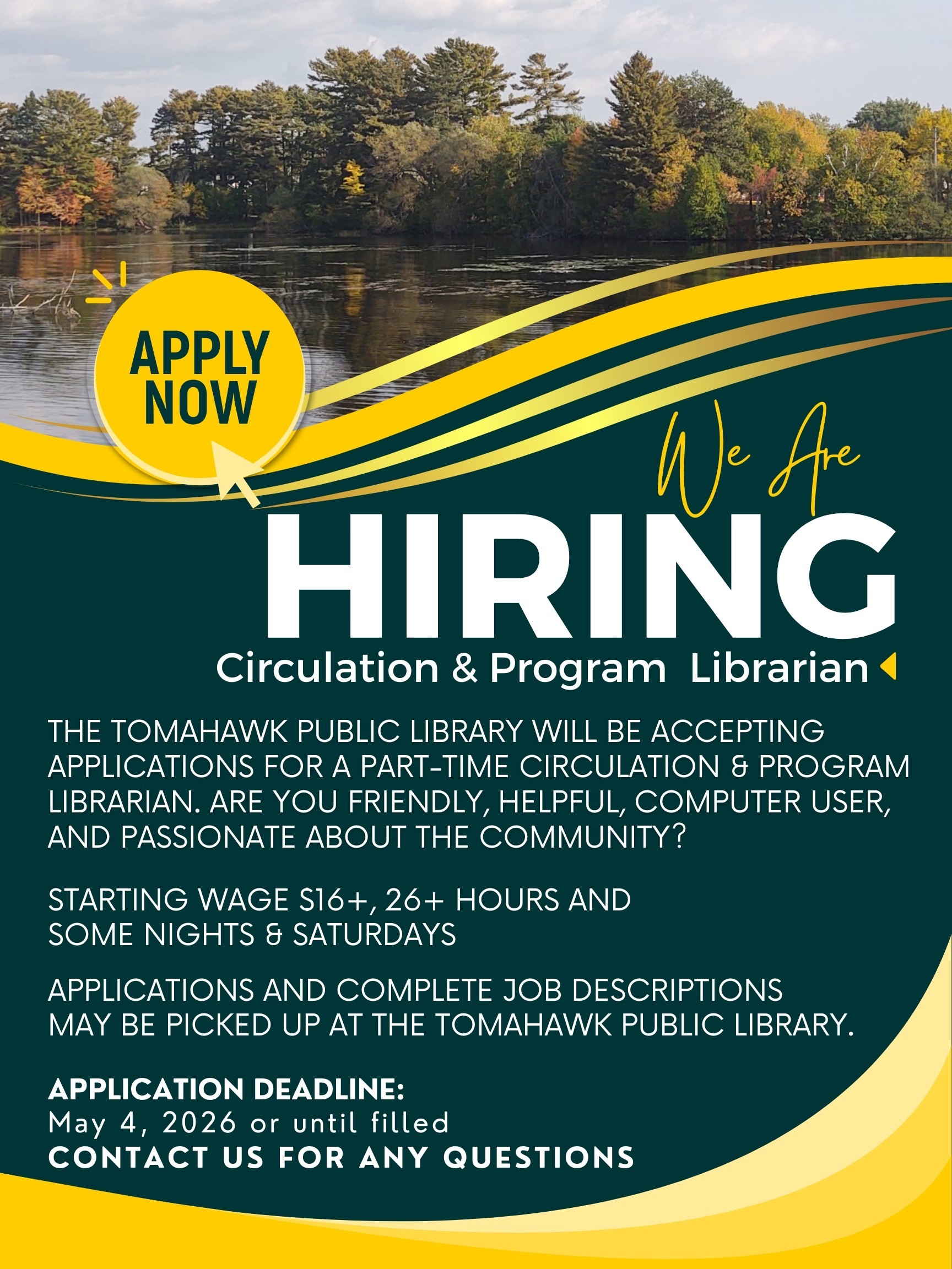 Hiring poster for a Circulation & Program Librarian at Tomahawk Public Library with a scenic lake background.