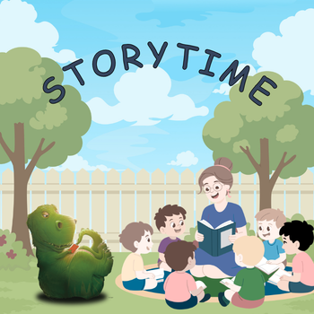 Group of children and an adult reading outdoors with a dinosaur, under the word "STORYTIME."
