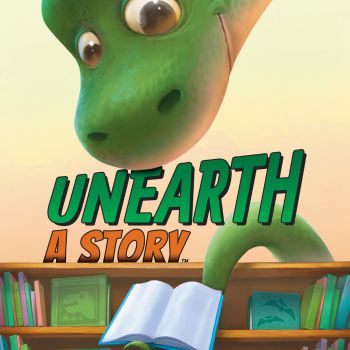 Cartoon dinosaur with "UNEARTH A STORY" text over a bookshelf and open book.
