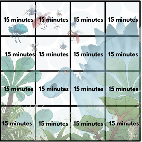 A grid overlaid on a cartoon dinosaur and tropical foliage, with each square labeled "15 minutes."