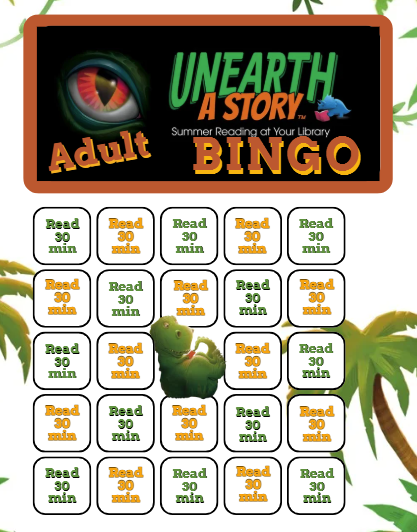 Adult BINGO card with a dinosaur theme, including text "Read 30 min" in each square and decorative elements like palm trees and a dinosaur.