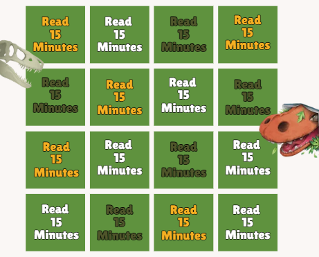 "Grid of squares with 'Read 15 Minutes' text and dinosaur heads on the edges."