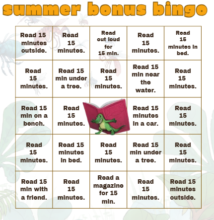A bingo card titled "Summer Bonus Bingo" with reading challenges in each square and a turtle reading in the center.