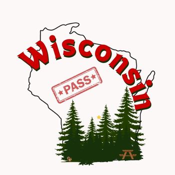 Outline of Wisconsin with "Wisconsin" text and trees, and a red "PASS" stamp.