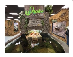 Exhibit with rock waterfall, green plants, and "Snake Discovery" sign.