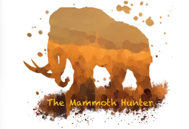 Stylized watercolor silhouette of a mammoth with text "The Mammoth Hunter."