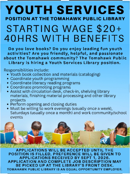 Screenshot 2026-07-29 133917 Poster for a Youth Services position at Tomahawk Public Library, highlighting job details on a blue background, featuring four children reading on grass.