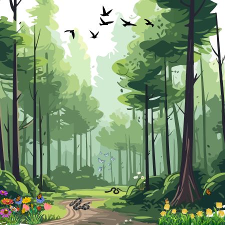 A lush forest with tall green trees and a winding dirt path, bordered by colorful flowers. Birds are flying in the sky above.