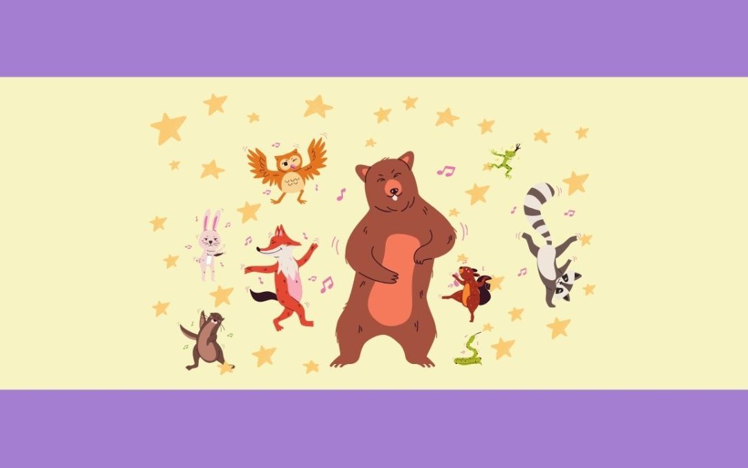 Animated animals dancing with a bear in the center against a starry background.