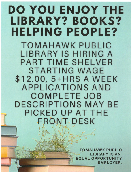 Screenshot 2026-08-13 143003 Poster for a Youth Services position at Tomahawk Public Library, highlighting job details on a blue background, featuring four children reading on grass.