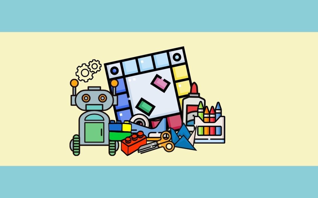 Cartoon robot with art and craft supplies, including crayons, glue, blocks, and scissors.
