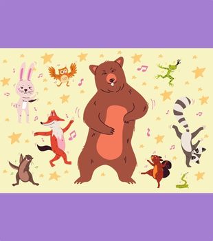 Animated animals dancing with a bear in the center against a starry background.