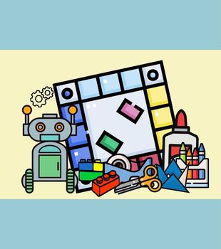 Cartoon robot with art and craft supplies, including crayons, glue, blocks, and scissors.
