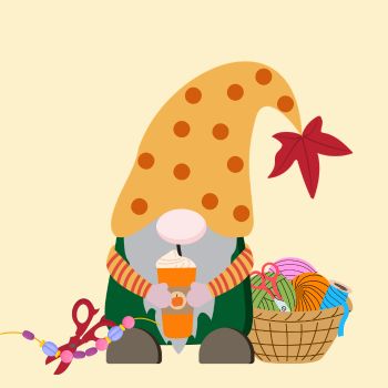 Colorful gnome-like figure with a spotted orange hat, striped sleeves, craft materials, scissors, and a basket of colorful yarn.