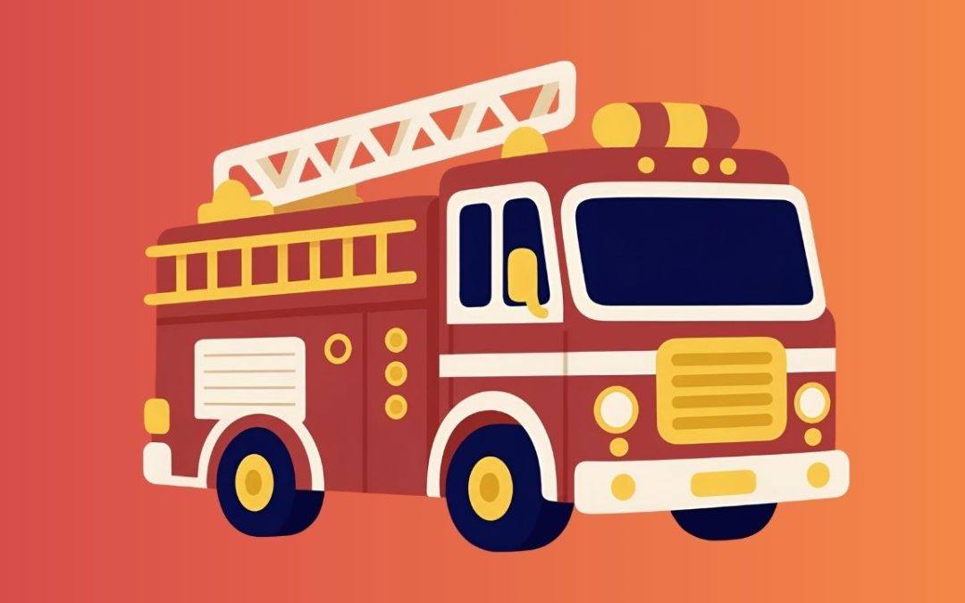 Illustration of a red fire engine with a roof ladder and rolled hose against a red-orange gradient background.