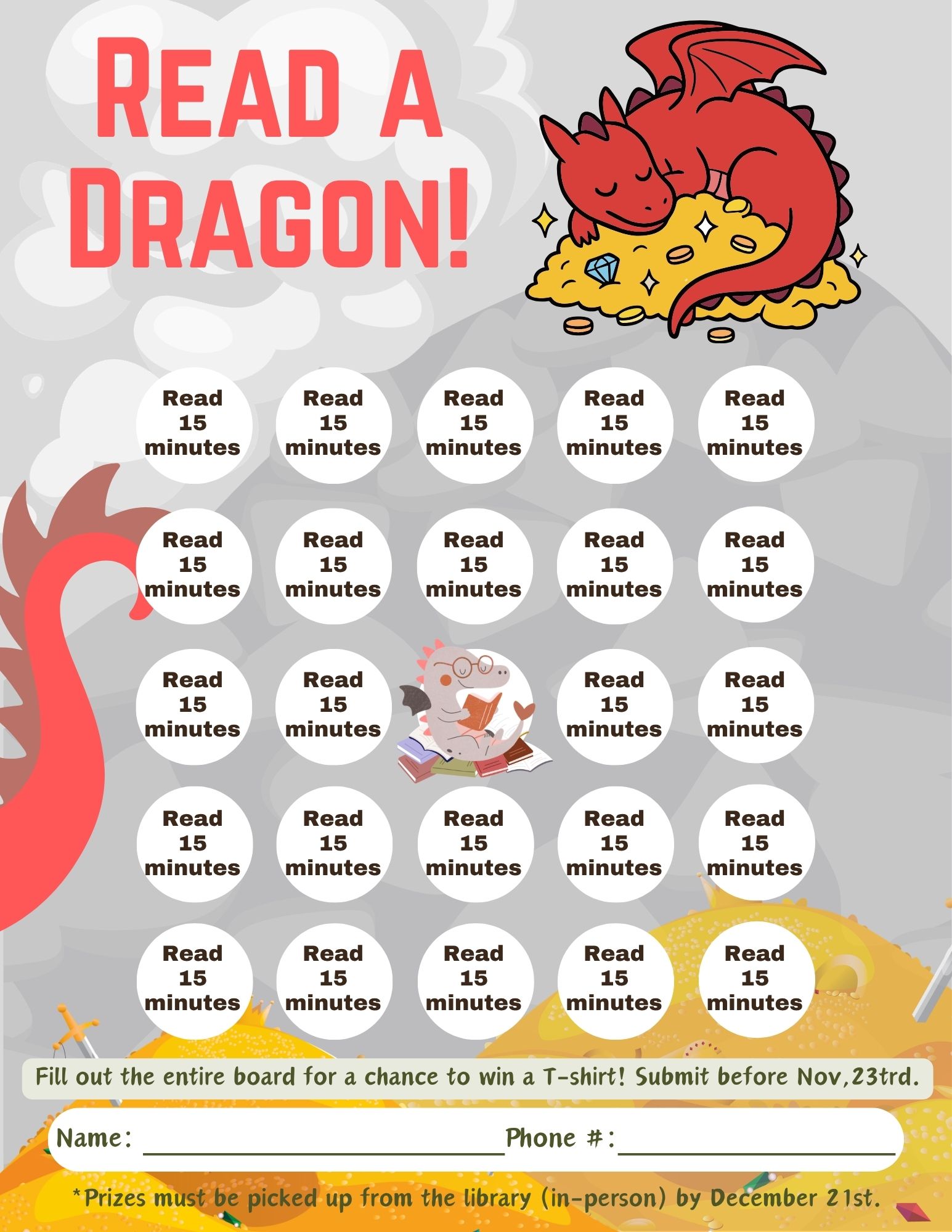 Reading challenge game board titled “READ A DRAGON!” with cartoon dragons, treasure, repeated “Read 15 minutes” spaces, and entry fields.